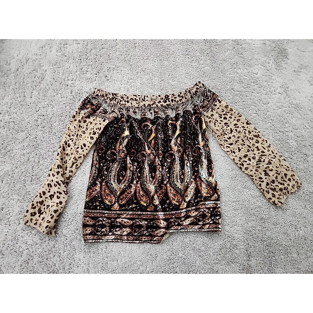 Haute Hippie Blouse Womens L Brown Paisley Leopard Velvet 70s HHPS18-2VB010470E